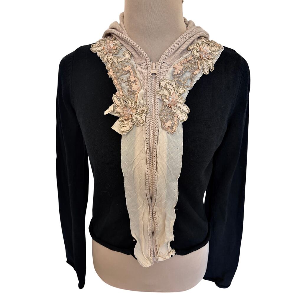 Anthropologie Field & Flower Beaded Hooded Zip Cardigan Sweater Fairy Goth Indie